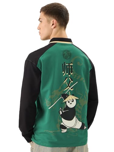 Image of The Souled Store Official Kung Fu Panda: Master Men and Boys Full Sleeve Collared Neck Multicolor Graphic Printed Cotton Oversized T-Shirts