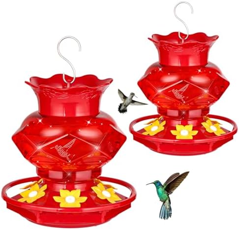Hummingbird Feeders for Outdoors Hanging Ant and Bee Proof, 18OZ Diamond Humming Bird Feeders for Outside Circular Perch with Leak Proof & 6 Feeding Ports, Gifts for Women, Red 2 Pack Plastic