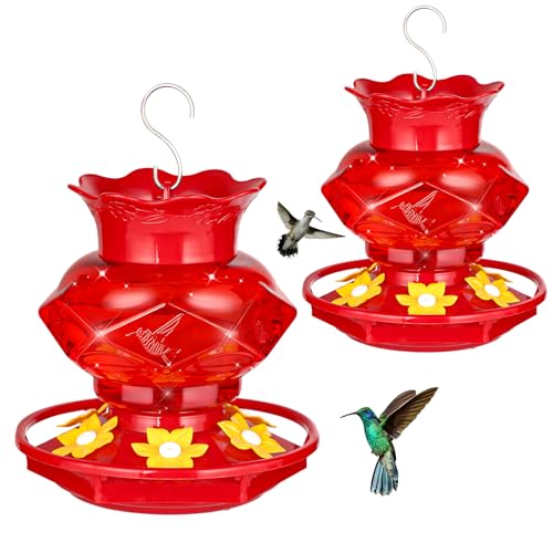 Hummingbird Feeders for Outdoors Hanging Ant and Bee Proof, 18OZ Diamond Humming Bird Feeders for Outside Circular Perch with Leak Proof & 6 Feeding Ports, Gifts for Women, Red 2 Pack Plastic