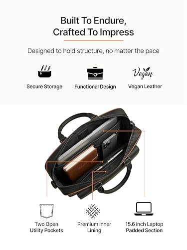 Image of Vegan Leather Laptop Messenger Bag for Men & Women | 15.6 Inch Office Shoulder Bag with Padded Laptop Compartment Multi-Pocket Work Satchel Adjustable Strap Business Bag | Alls