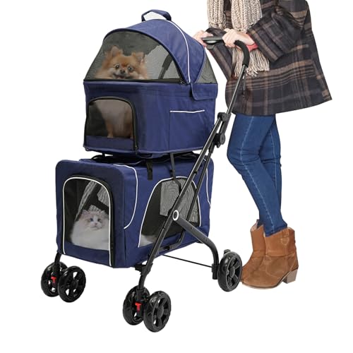 Double Pet Stroller for Dogs and Cats - 4-Wheel Foldable Design with Detachable Carrying Basket, Anti-Lost Leash, Cat Stroller Travel Carrier for Walks, Vet Visits & Grooming, Blue