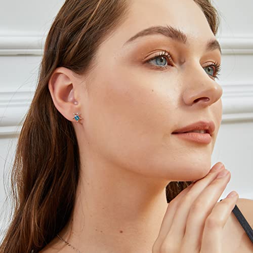 Turtle Stud Earrings For Women Teens Girls 18K White Gold Plated Blue Fire Opal Birthstone Gemstone Earings Cute Hypoallergenic Jewelry Birthday Gifts Mother Granddaughter #TOP2