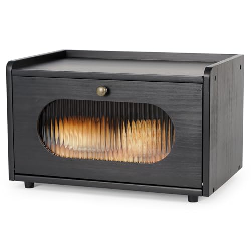 GUUSII HOME Brotkasten Holz Brotbox Küchentheke Brotaufbewahrung Zirbenholz Brot Aufbewahrungsbox Küche Brotbehälter Brot Aufbewahren mit Magnetisch Acryltür Bread Box Bin 36.5x23.5x22cm(Schwarz)