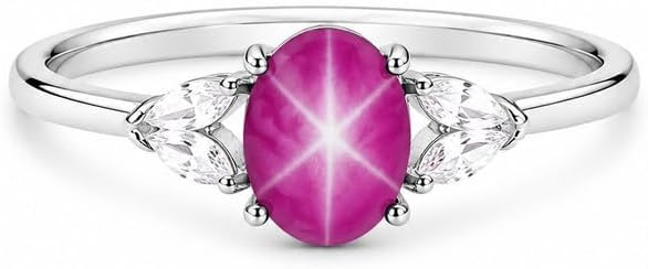 Natural Pink Star Ruby Ring Sterling Silver 6x8mm Oval Cabochon Zircon Accent Engagement Anniversary jewelry