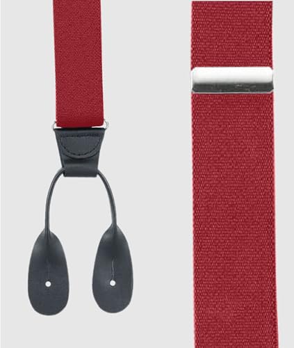 Tuxedo Suspenders for Men Black Genuine Leather Button End 1.25 Inches Mens Braces Suspenders- Red (Tall 54" Long) - Thumbnail 2