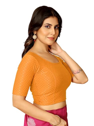 Image of Amazon Brand - Anarva Round Neck Dobby Cotton Lycra Stretchable Elbow Half Sleeve Readymade Saree Blouse for Women Stylish