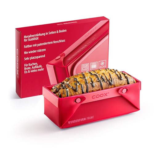 coox WUNDERFORM Frame S - die faltbare Kastenform mit Metallverstärkung - Backen & Servieren in Einem I Antihaft-Silikon I Spülmaschinenfest I Kein Stürzen I BPA-frei Rot