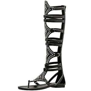 Jamron Dames Kniehoge Romeinse Gladiator Sandalen Klinknagels Bezaaid Strappy Rits Thong Sandalen