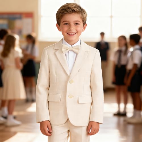 Image of LOLANTA Boys Suit Wedding Ring Bearer Outfit Kids Formal Wear Dress Clothes | Boy 3-Piece Plaid Suits, Sport Coat Blazer and Pants Set with Adjustable Bow Tie, Gentleman Birthday Party Graduation Outfits