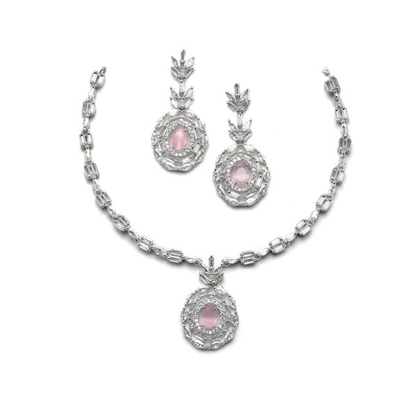 ZENEME Rhodium-Plated Silver Toned Square & Circular Shaped American Diamond Studded Necklace with Earring Jewellery Set for Girls and Women
