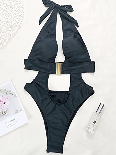Hilinker Women's Deep V Neck Monokini Swimsuit High Cut One Piece Bathing Suit Black Small #TOP3