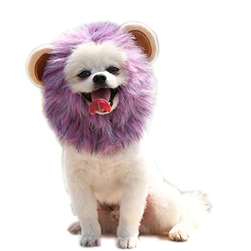 Paquete de 2 sombreros de melena de león para perro, divertido, ajustable, para fiesta, cosplay, peluca de león, para gatos, cachorros, perros pequeños (M-púrpura)