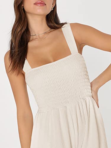 Womens Casual Cute High Waist Wide Leg Sleeveless Jumpsuit Smocked Square Neck Loose Fit Romper Outfits With Pockets #TOP1