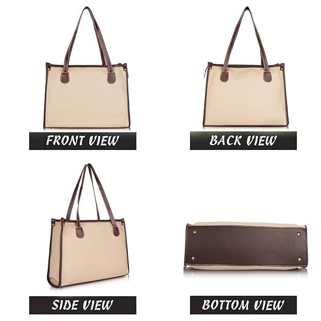 Image of KEALIN Women Stylish Cream Tote Bag with Double Chain Handles | Large Capacity Shoulder Handbag | PU Leather Office, Shopping & Travel Handbag for Women & Girls