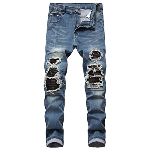Men's Ripped Stretch Skinny Jeans Slim Fit Hip Hop Distressed Denim Pants Vintage Destroyed Zipper Jean Trousers (Blue,28)