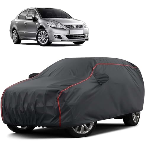 Image of Sulfar 100% Water Resistant Car Body Cover Compatible with Mirror for Maruti Suzuki SX4 (Triple Stitched, Full Bottom Elastic, Dark Grey Taffeta with Red Piping)