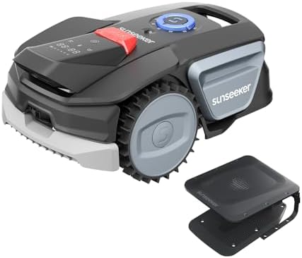 Sunseeker V1 con Garage, Robot Tagliaerba Senza Filo Perimetrale, 300 m² per Piccoli Giardini, Vision AI, Evitamento degli Ostacoli, Pendenze 27%, Taglio con un Clic, Controllo tramite App