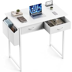 Sweetcrispy Computer Desk Small 32 Inch Home Office Bedroom Writing Study PC Table with Fabric Storage Drawers Space Side Bag Headphone Hook Metal Frame Adjustable Feet Modern Simple Style