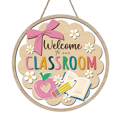 Bolisom Welcome to Our Classroom Front Door Sign Back to School Educational Book Apple Pencil Wooden Hanger Home Decor Preschool Elementary Wreath Indoor Wall Hanging Decoration Teacher Supply