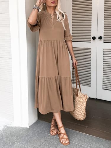 Image of Mieazom Short Sleeves Maxi Dress for Women A Line Summer Dress V Neck Casual Loose Tiered Long Dresses with Pockets