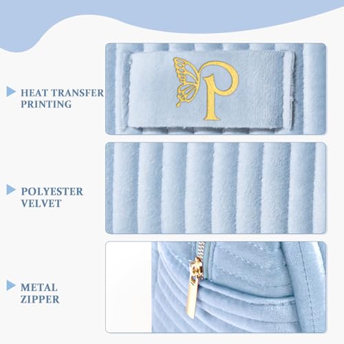Image of COSHAYSOO Travel Makeup Bag Quilted Make Up Pouch Initial Cosmetic Case with Butterfly Decorations for Women Lipstick Glossier Lipgloss Lip Stain Moisturizer Mascara Eyeliner Organizer Blue Letter P