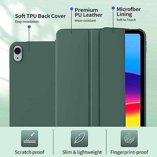 Aoub Case For Ipad 10Th Generation 2022 10.9 Inch, Without Pencil Holder, Trifold Stand Smart Case With Soft Tpu Back, Auto Wake/Sleep, Support Touch Id For Model: A2696/A2757/A2777, Dark Green #TOP2