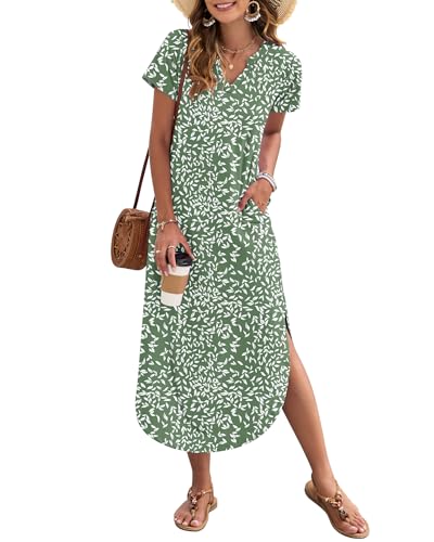 Image of MISFAY Women's Summer Maxi Dress 2026 Casual Short Sleeves V Neck Loose Sundress Split Long Beach T Shirt Dress