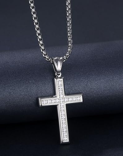 Cross Necklace for Men Stainless Steel Crucifix Pendant Silver White Gold Yellow Black Jesus Christ Plain Simple Women Fine Jewelry Gifts, 24 Inches Rolo Chain, Zirconia, Polished, Rope4