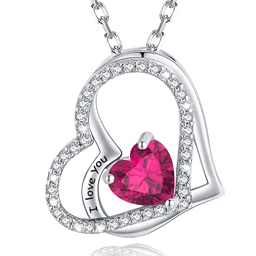 MISUMOR Necklaces for Women 925 Sterling Silver Heart Necklace Engraved I love you Birthstone Jewelry for Women Gifts for Her Wife Mom on Valentine's Day Birthday Anniversary Christmas