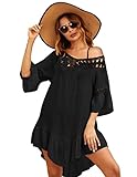 Ekouaer Swimwear Coverups for Women Cute Pleated Beach Wear Dress Womens Crochet V Neck Bikini Cover-Ups