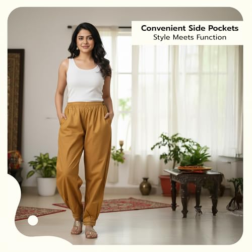 Image of Happy Bunny Women's Cotton Afghani Salwar with Lace Embroidery Detailing - Elastic Waist, Comfortable Loose Fit Bottoms for Casual, Ethnic