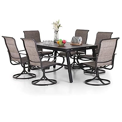 PHI VILLA 7 PCS Patio Dining Set, 6 Padded Swivel Dining Chair with Quick-Dry Cotton and 1 Extandable Metal Table,E-Coating for Rustproof for Outside, Poolside