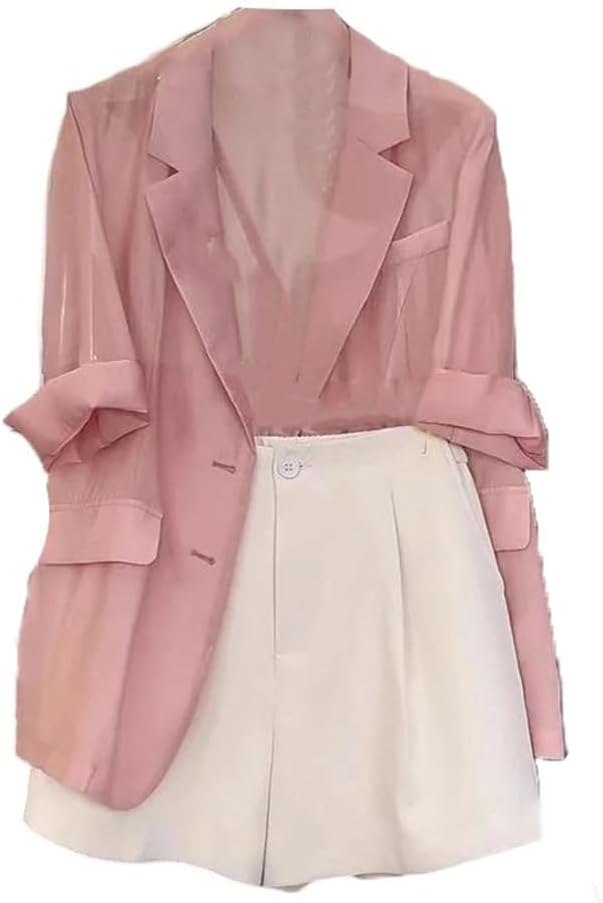 Women Notched Collar Short Sleeve Blazer Set, Single Breasted Blazer Slim Shorts Office Lady Two-Piece Outfits
