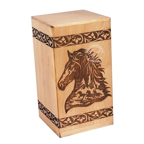 Image of Handcrafted Floral Engraved Wooden Urns for Human Ashes Adult Large - Cremation Urn for Ashes - Burial Urn for Columbarium - Funeral Urn Box (Horse 1, 250 LB - Beechwood)