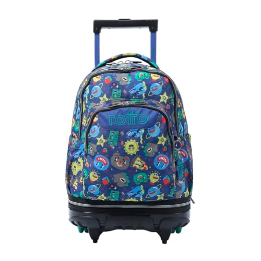 TOTTO - Mochila Escolar con Ruedas Desmontables, Modelo Tiza, Capacidad 26 L, Mochila PC 15.4", Bolsillo Botella, Manija Telescópica, Espaldar Ergonómico y Correas en S, Estampado Tello Azul