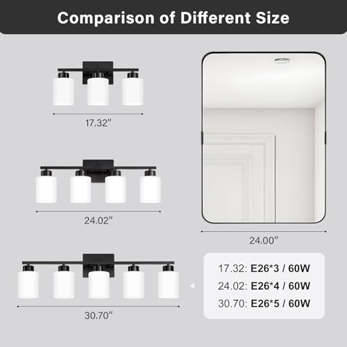 Image of FonmYim Black Bathroom Light Fixtures, 5-Light Modern Vanity Light Over Mirror, Wall Sconces with Milky White Frosted Glass Shades, E26 Socket (Bulbs Not Included)