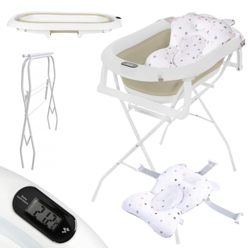 Primabobo Baignoire bébé pliante - baignoire pour bébé pliable avec un oreiller de bain (Premium beige (Oreiller, thermomètre), Baignoire pliable avec support)