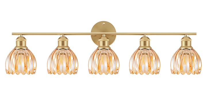 Image of Bathroom Light Fixtures, 5-Light Brushed Gold Vanity Lights for Bathroom with Amber Tulip Glass Shade, 30 inch Vintage Bathroom Vanity Lighting Fixtures Over Mirror for Bedroom Living Room Hallway