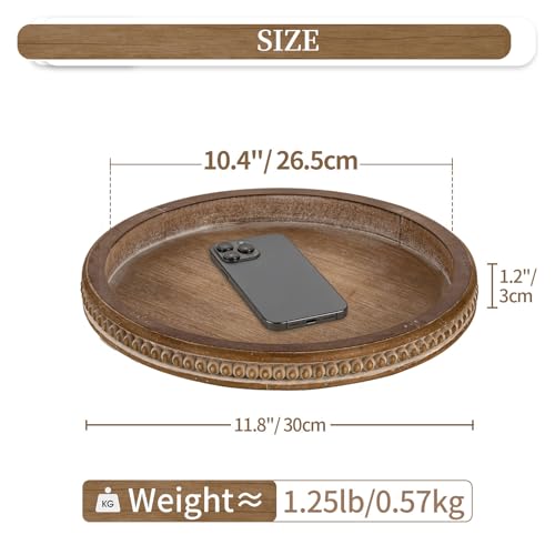 Hanobe Round Wooden Tray Decor: Decorative Candle Plate Holder Tray for Coffee Table - Rustic Farmhouse Table Centerpiece for Home Living Room Kitchen Counter(Brown)