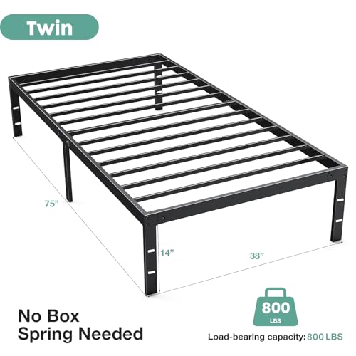 Image of Sweetcrispy Twin Bed Frame - Heavy Duty Metal Platform Bed Frames Twin Size with Storage Space Under Frame, No Box Spring Needed, 14 Inches, Sturdy Steel Slat Support
