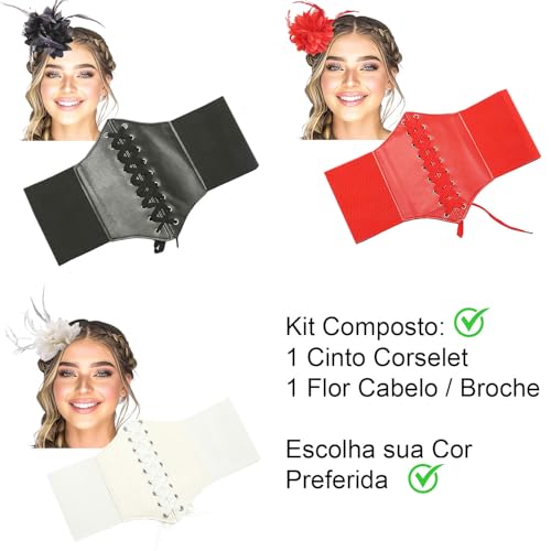 Cinto Gótico Corselet Espartilho + Flor Cabelo e Broche (BR, Alfa, Único, Regular, Vermelho)