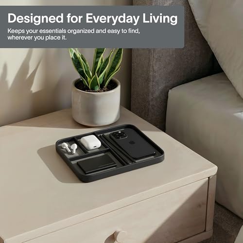 Nordik Leather Valet Tray - Pebble Black - 9.5 x 7.9 Inch Medium Vegan Leather Tray - Stylish Nightstand Organizer for Men - Modern Bedside Caddy - EDC Catchall for Key Watch Wallet Jewellery