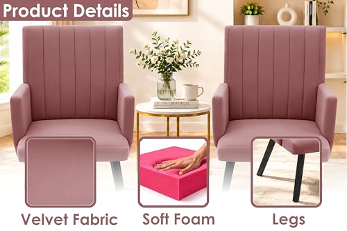 Image of Rosebell Modern Velvet Office Chairs Set of 2 with Armrests & Metal Legs | Upholstered High Back Leisure Chairs for Living Room, Bedroom, Office, Cafe & Dining Room | Rose Pink