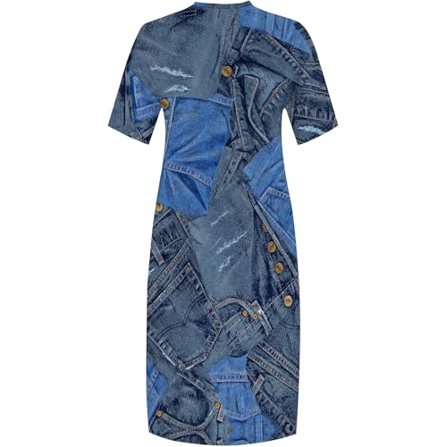 Image of SUZONANA Plus Size Denim Print Shirt Maxi Dresses for Curvy Women Casual Blue Jean Summer Outfits Long Short Sleeve Dress with Pockets Patchwork 4XL