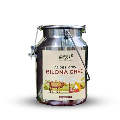 Image of Purity Harvest Premium A2 Desi Cow Ghee 5 litre | A2 cow ghee bilona method Cultured Cow Desi Ghee 5 kg| 100% Grass-Fed & Cultured Curd Ghee | Pure, Natural & Healthy Desi Bilona Cow Ghee| Danedar Texture | Ideal for Cooking & Puja | Stainless Steel Dolchi | Lab Tested
