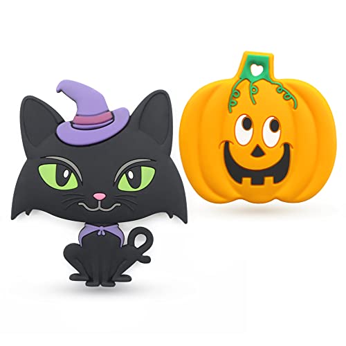Image of Teething Toys for Babies, PAPACHOO 2 Pack Halloween Soft Silicone Baby Soothing Teether Chew Toys (Orange & Kitten)