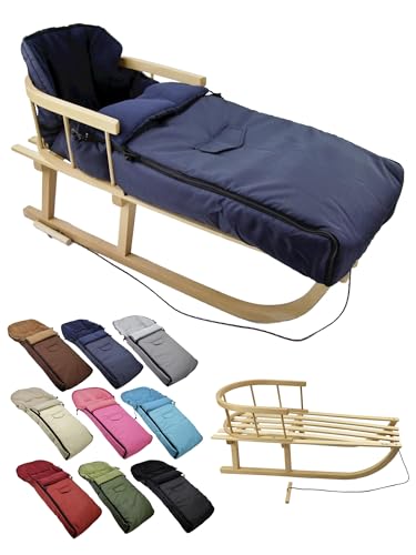 BambiniWelt Holzschlitten mit Rückenlehne & Zugseil + Winterfußsack 108 cm – warmes Thermofleece, wasserabweisend – Kombi-Set für Kinderwagen & Buggy, Farbe: marine