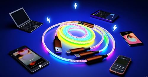 3-in-1 Colorful LED Glowing Fast Charging Cable with RGB Glowing Lights [4ft/1.2m] [USB-C, Micro USB, Lightening] [100W] image 4