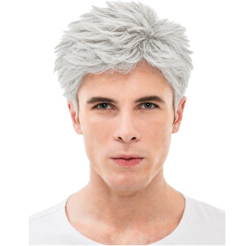 HUNIGIR Mens Gray Wig Short Straight Layered Male Wig Silver Grey