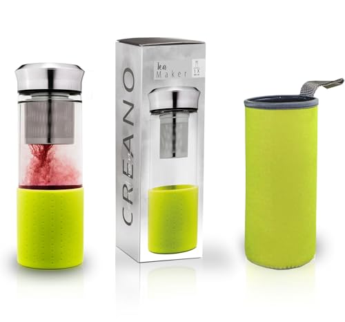 Creano „Teamaker“ 400ml – Théière Nomade & Bouteille à Thé en Verre avec Passoire Inox et Housse Néoprène – Bouteille Infuseur Étanche – Vert